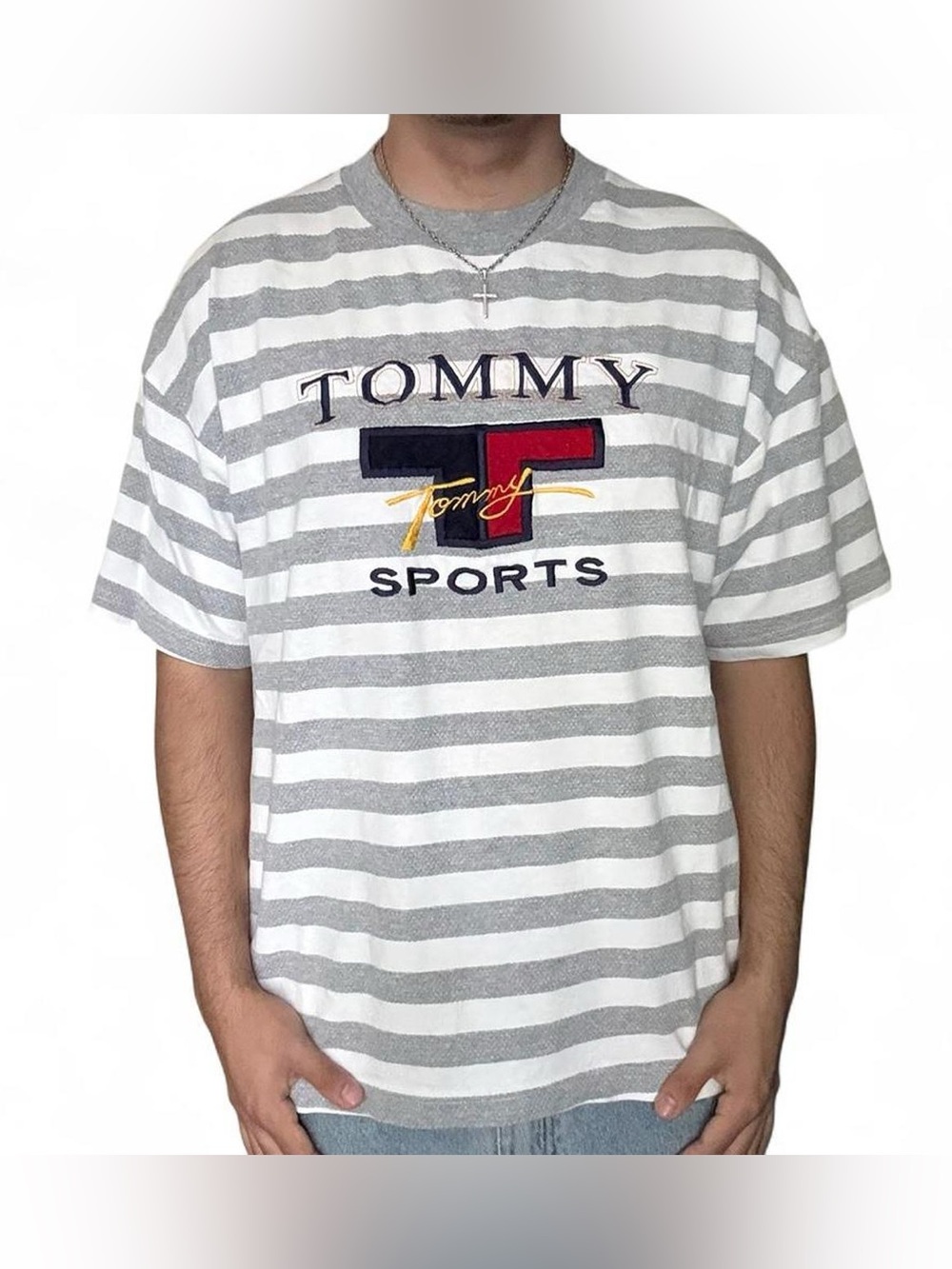 Vintage Tommy Sports Embroidered Striped T-Shirt Retro Hilfiger USA Size Large